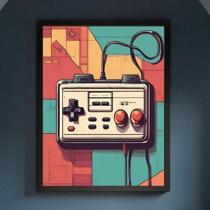 Könnte beinhalten: Gerahmtes Kunstwerk mit einem Retro-Videospiel-Controller. Der Controller ist cremefarben mit roten Knöpfen und einem schwarzen kreuzförmigen Steuerkreuz. Der Hintergrund ist ein farbenfrohes geometrisches Design in Rot, Orange und Türkis.