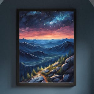 Mystische Sternennacht über Bergen/Druckbares Landschaftsposter/Vintage Nachthimmel Kunstdruck/Öl Gemälde als Landschaftsbild/Berglandschaft