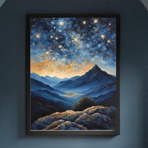 Sternenhimmel über Berglandschaft/Druckbare Kunstdatei als Wanddekoration/Nacht-Szene Vintage Poster/Öl-Gemälde Nachtlandschafts Kunstdruck