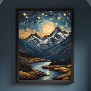 Vintage Öl Gemälde Abstrakte Berge mit Sternenhimmel/Digitale Poster zum Download/Landschaftsbild Kunstdruck/Druckbare Natur Wandkunst Datei