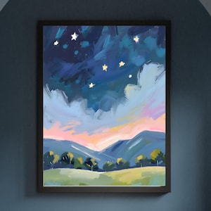 Sternennacht Landschaftsbild/Nachthimmel Naturfoto Wandkunst/Abstraktes Öl Gemälde/Digitale Kunstdatei Download/Vintage Poster für Wanddeko