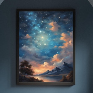 Pintura al óleo vintage de Noche Estrellada/Póster digital con paisaje de montaña/Póster imprimible para descargar/Impresión artística de pintura de paisaje/Archivo de póster