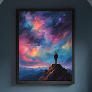 Digitales Poster eines Mannes unter Nachthimmel/Vintage Öl Gemälde/Motivierende Wandkunst zum Download/Druckbare Landschaftsbild Kunstdatei