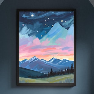 Paisaje nocturno estrellado/Archivo digital imprimible/Pintura al óleo abstracta con montañas y cielo estrellado/Póster vintage/Impresión artística de naturaleza