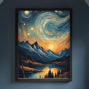 Paisaje montañoso abstracto con cielo estrellado/Arte mural estilo Van Gogh/Archivo de arte digital para descargar/Pintura al óleo vintage/Póster imprimible