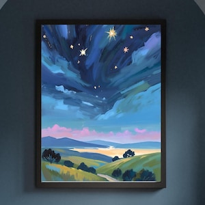 Paysage étoilé/Fichier d'art numérique/Peinture à l'huile nature/Art mural panoramique ciel nocturne/Téléchargement instantané/Affiche rétro vintage