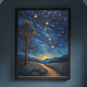 Abstrakte Sternennacht mit Berglandschaft/Digitale Datei für Kunstdruck/Öl-Gemälde im Vintage Stil/Nachthimmel Wandkunst/Landschaftsgemälde