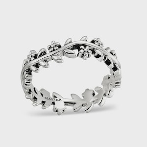 Floral Halo Ring – Sterling Silver Oxidised Floral Band Ring, Botanical Statement Ring, Wide 925 Silver Nature Ring, Vintage Flower Jewelry