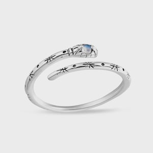 Delicate Mystic Serpent Ring, Sterling Silver Rainbow Moonstone Snake Ring, Adjustable Oxidized Boho Jewelry for Her