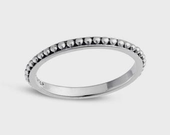 Beaded Stacker Ring – Sterling Silver – 2mm Oxidised Bead Band – Dainty Textured Ring for Everyday Stacking