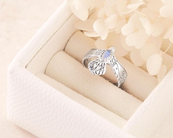 Soaring Bird Ring with Marquise Rainbow Moonstone – Sterling Silver Adjustable Ring – Handmade Boho Animal Jewelry – Nature Inspired Gift