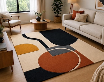 Alfombra abstracta de lana de estilo moderno de mediados de siglo, alfombra geométrica con mechones, estilo boho japonés en tonos tierra.