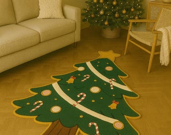 Kerstboomtapijt, handgetuft vakantietapijt, kersttapijt voor kinderen, feestelijk kerstboomvormig tapijt