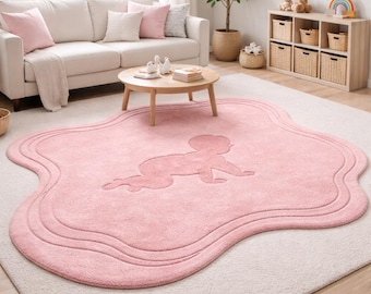 Pink Baby Nursery Rug, Hand Tufted Wool Rug, Kids Room Area Rug, Crawling Baby Design Rug, Soft Nursery Carpet, Handmade in India