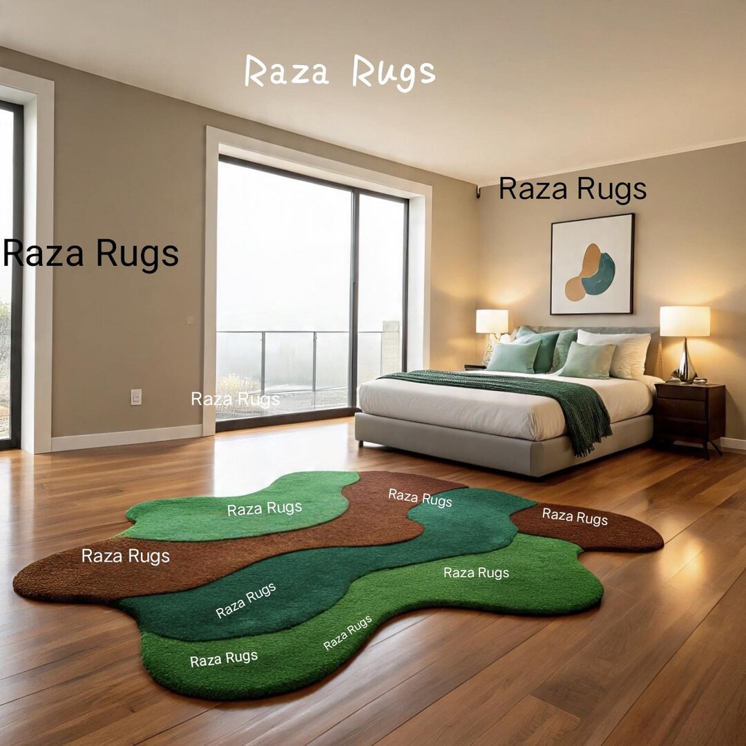 Hand Tufted Wool Area Rug | Abstract Organic Shape, Green & Brown - Etsy