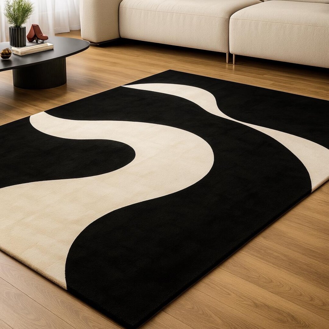 Hand Tufted Wool Rug – Modern Black and Ivory Abstract Wave Design - Etsy