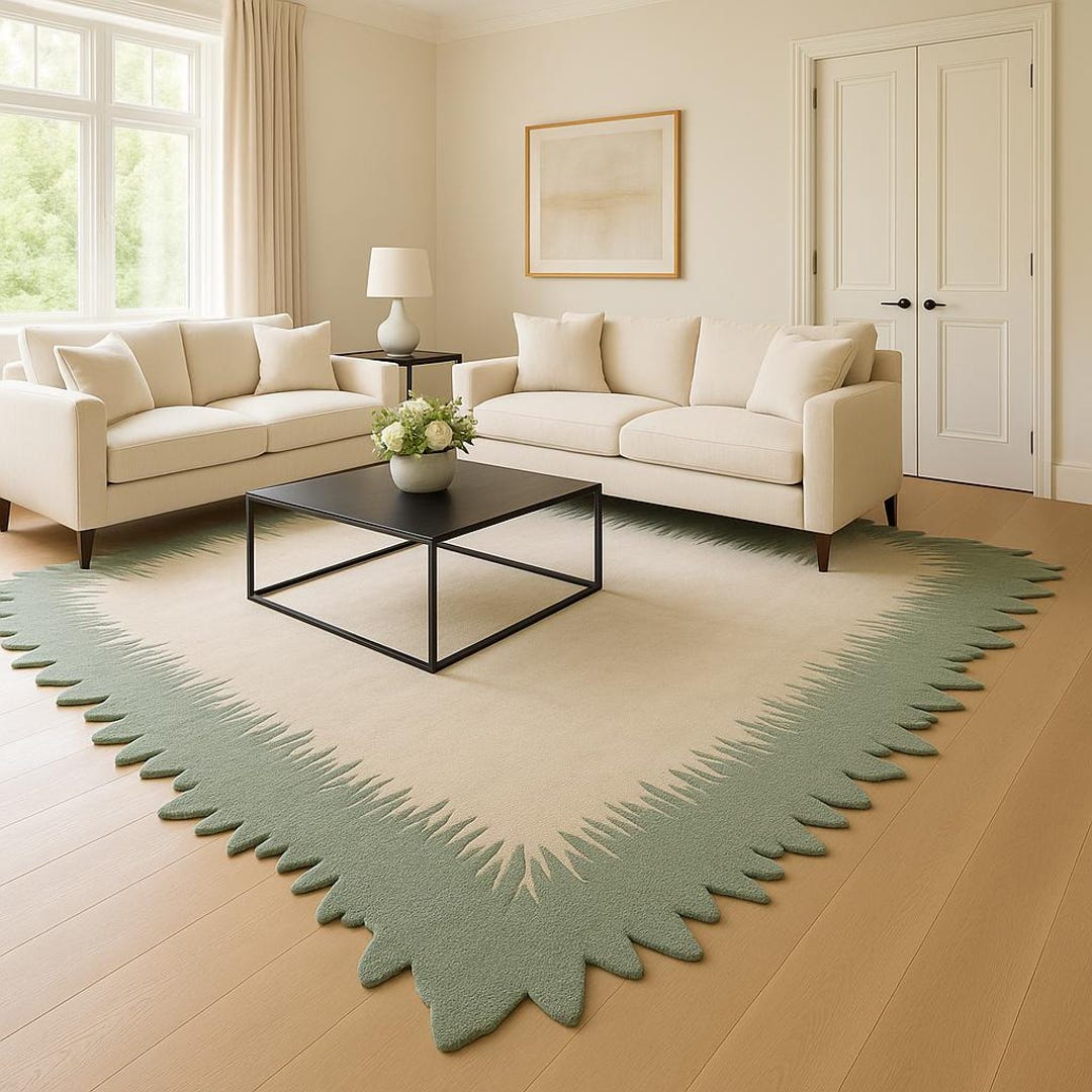 Hand Tufted Wool Cotton Rug, Sage Green Border, Minimalist Design - Etsy