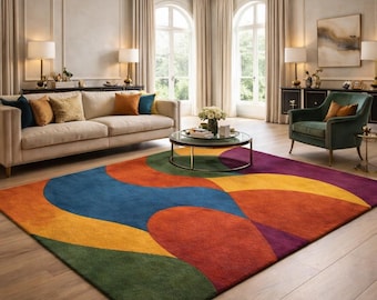 Alfombra de lana tejida a mano / Diseño abstracto multicolor