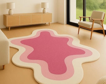 Hand Tufted Pink Abstract Wavy Rug, Soft Nursery Carpet, Modern Living Room Decor