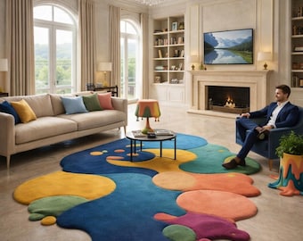 Hand Tufted Wool Cotton Abstract Irregular Area Rug, Modern Artistic Living Room Carpet