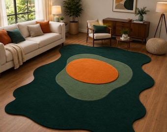 Hand Tufted Wool Rug, Organic Irregular Shape, Green Orange Abstract Area Carpet