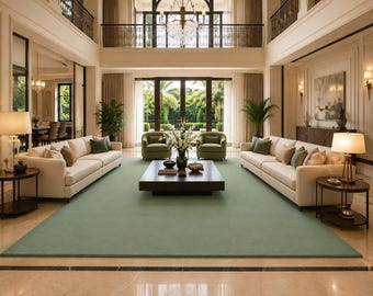 May include: A spacious living room featuring two large cream-coloured sofas, two sage green armchairs, and a dark wood coffee table centred on a large sage green area rug. The room includes two side tables with lamps and a crystal chandelier.