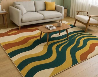 Mid Century Modern Wavy Area Rug, Retro 70s Earth Tone Abstract Carpet, Large Hand Tufted Green and Gold Rug Minimalist Scandi custom saize