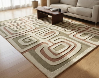 Hand Tufted Geometric Area Rug, Abstract Maze Carpet, Neutral Beige Wool Living Room Rug