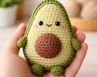 Amigurumi de aguacate de ganchillo, peluche kawaii de aguacate, muñeco de fruta hecho a mano, mini juguete de aguacate, regalo para amantes de la comida.