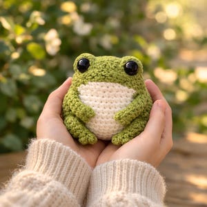 May include: A handmade crochet frog in shades of green and white, with large black eyes. The frog is held in cupped hands, with a soft, textured appearance. The background is blurred, suggesting an outdoor setting.