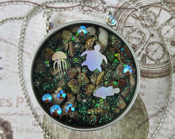 Nautical Ocean Sea Turtle Holographic Glitter Resin Pendant Necklace Jewelry