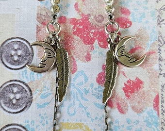 Lucky Silver Tone Moon & Feather Long Dangle Drop Earrings Jewelry