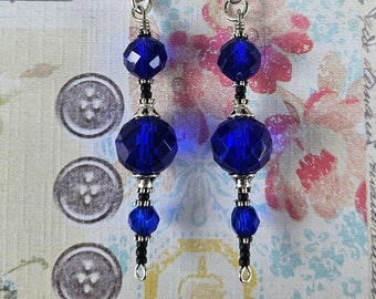 Deep Dark Blue Glass Beaded Dangle Drop Earrings