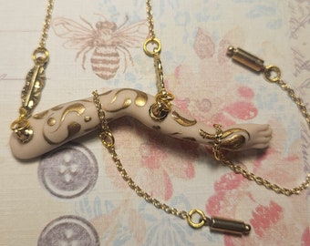 Gold Leaf painted Porcelain Lady Arm of Time Gold Tone Necklace Jewelry