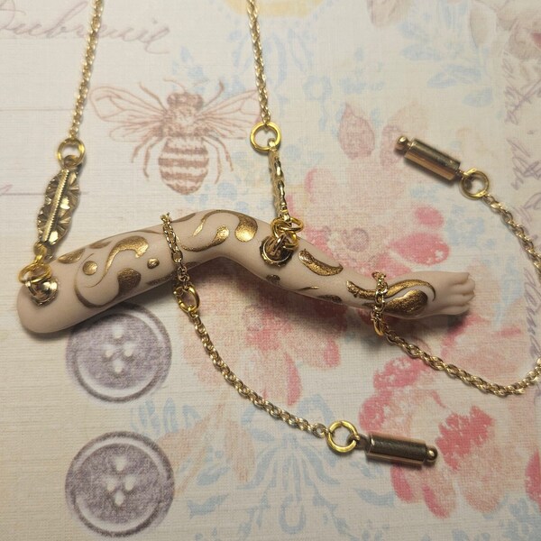 Gold Leaf painted Porcelain Lady Arm of Time Gold Tone Necklace Jewelry