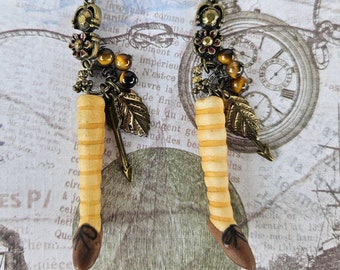 Spooky Witches Ceramic Striped Legs Tigers Eye Beads Charmed Earrings