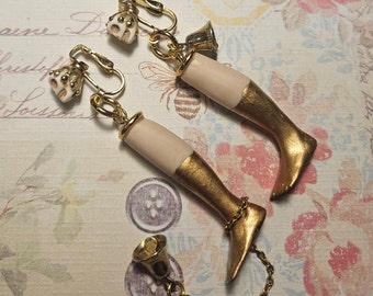 Vintage Porcelain Gold Leaf Painted Legs Bell Charm Skull Dangle Clip On Earrings