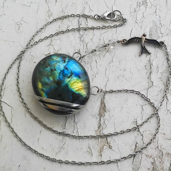 RESERVED----------------------------------Labradorite Stone Blue Flash Pendent Silver Tone Soldered Jewelry Necklace