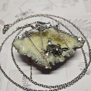 May include: A silver necklace with a pendant featuring a beetle inside a white, sparkly, shell-like object. The pendant is surrounded by small silver stars and chains.