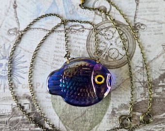 Blue Glass Fish Bronze Tone Necklace