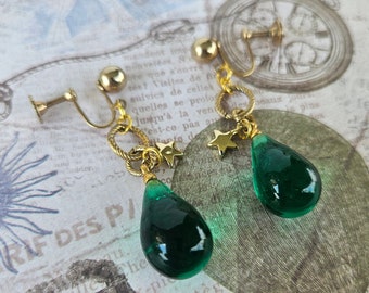 Bright Gold Star Green Glass Teardrop Dangle Drop Jewelry Screw On Clip Earrings