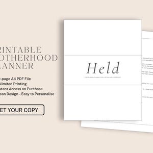 May include: A printable motherhood planner with the word "Held" on the cover. The planner includes a 70-page A4 PDF file, unlimited printing, and instant access upon purchase. The design is clean and easy to personalise.