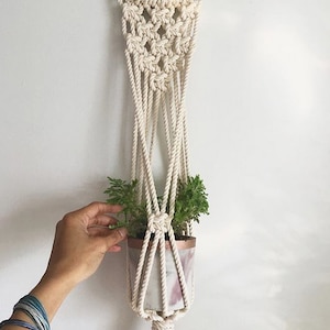 May include: A white macrame plant hanger with a white pot and green plant. The hanger is made of thick cotton rope and has a tassel at the bottom.