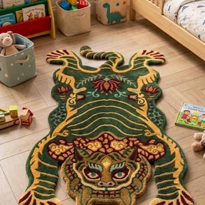 Tibetan Tiger Rug for Kids Nursery Green Jungle Tiger Shaped Area Rug Hand Tufted Animal Carpet Exotic Tiger Pelt Rug Unique Children's Gift