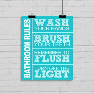 Bathroom Rules Wall Art, Wash Your Hands, Brush Your Teeth, Remember to Flush, Turn Off the Light Custom Wall Print, Bathroom Digital File image 1