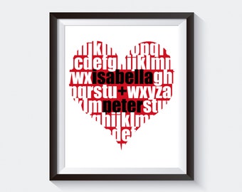 Love Heart Alphabet with Personalized Names Wall Art. Anniversary, Wedding, Engagement Wall Print. ABC Custom Wall Print Poster. Digital Art