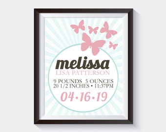 Cadeau de Shower de bébé, Nursery Decor, imprimé papillon, papillon naissance annonce Art 8 x 10, 5 x 7 bébé enfants mur impression affiche fichier numérique