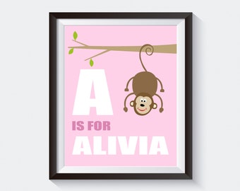 Monkey Hanging From a Tree with Personalized Name Art Print. Monkey Art Print. Custom Name Art. Nursery Decor Poster. Name Art. Digital File