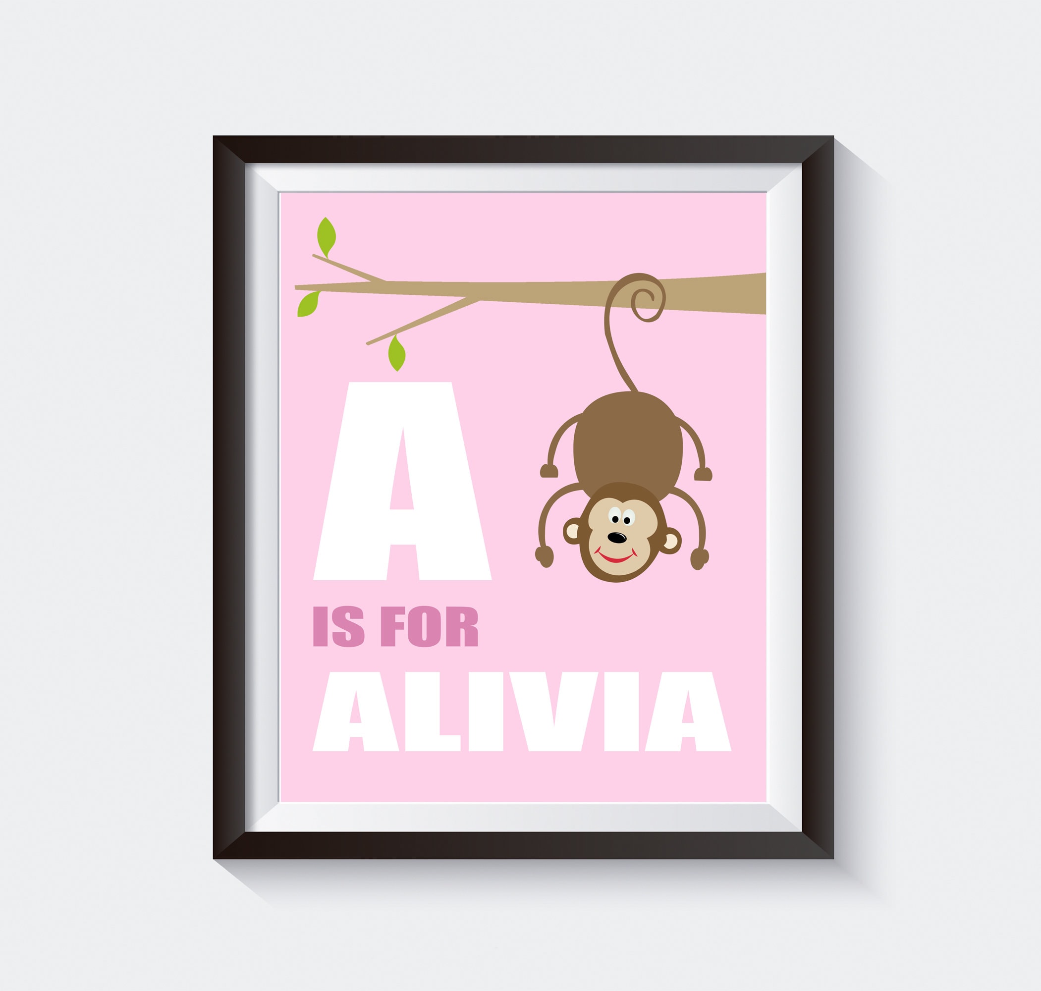 Monkey Hanging From a Tree with Personalized Name Art Print. Monkey Art Print. Custom Name Art. Nursery Decor Poster. Name Art. Digital File
