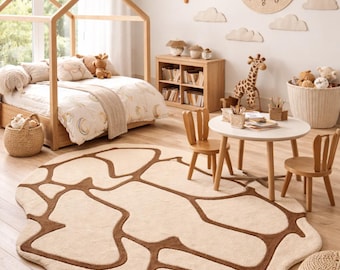 Hand-Tufted Wool Abstract Rug, Irregular Shape Beige Brown Carpet